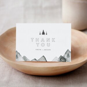 Berg Dankeskarte, rustikale Kiefer Hochzeit Dankeschön, flach oder gefaltet, bearbeitbare Vorlage, Sofort Download, Templett #0015-174TYC