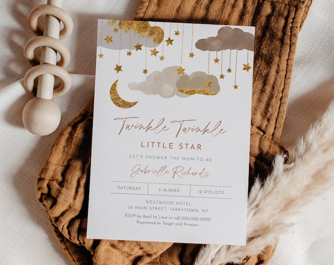 Twinkle Little Star Baby Shower Invitation, Gender Neutral, Bohemian Stars, Moon, Editable Template, Instant Download, Templett #0036-235BA