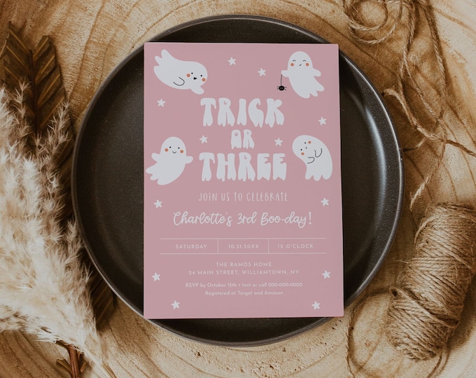Trick or Three Birthday Invitation, Halloween 3rd Birthday Party, Girl Birthday, Cute Ghosts, Editable Template, Templett #0001-137BD