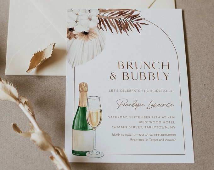 Brunch and Bubbly Bridal Shower Invitation Template, Bohemian, Instant Download, Printable Wedding Shower Invite, Editable Text #0028A-306BS