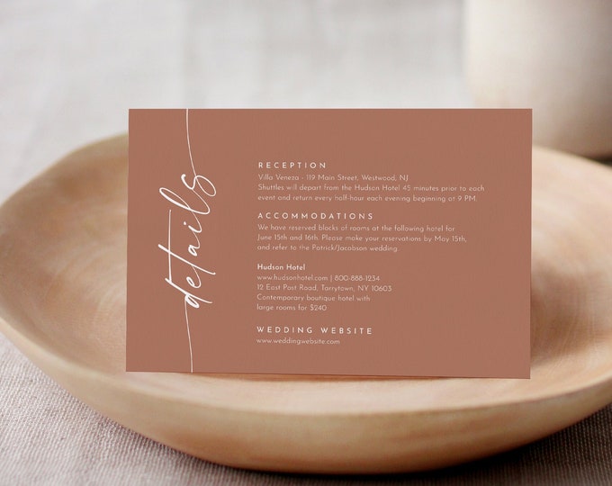 Bohemian Details Card, Terracotta Wedding Invitation Insert, Enclosure Card, Wedding Website, Accommodation, Editable, 4x6 #0034T-201EC