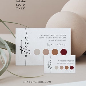 Hochzeitskleidungskarte, Infokarte, minimalistische Gästekleidung, Dresscode, Hochzeitsfarbpalette, bearbeitbar, Templett #0034W-106ATT