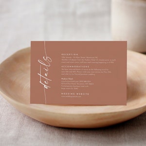 Tarjeta de detalles boho, inserción de invitación de boda de terracota, tarjeta de recinto, sitio web de boda, alojamiento, editable, 4x6 #0034T-201EC