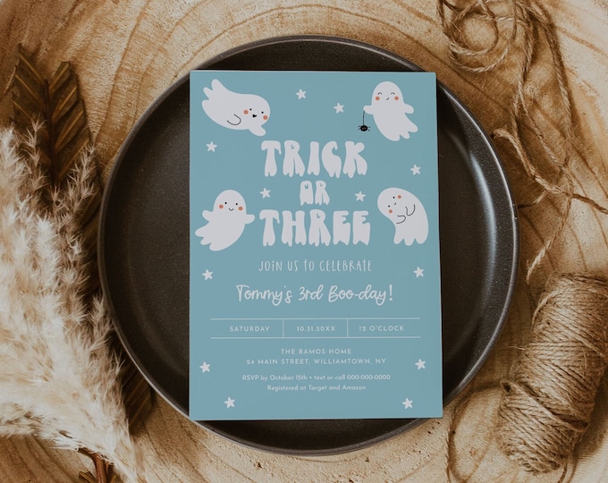 Trick or Three Birthday Invitation, Halloween 3rd Birthday Party, Boy Birthday, Cute Ghosts, Editable Template, Templett #0001-137BD