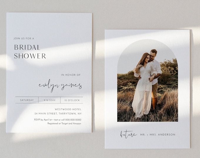 Minimalist Bridal Shower Invitation Template, Photo Card, Printable Simple Wedding Couples Shower Invite, Editable, Templett #0031-307BS