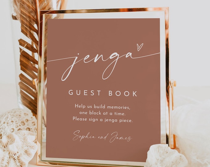 Block Game Guestbook Sign, Editable Template, Printable Guest Book, Bohemian Wedding Tabletop Sign, Terracotta, Instant, 8x10 #0034T-72S