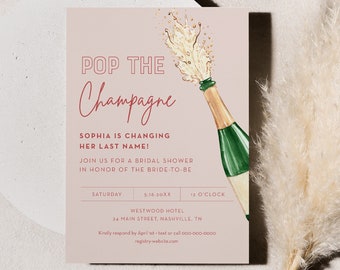 Pop the Champagne Bridal Shower Invitation Template, Brunch and Bubbly, Instant Download, Wedding Shower Invite, Editable Text #055-338BS