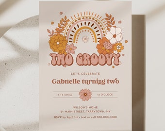 Two Groovy Birthday Invitation, Hippie, Retro, 70's Vibe, 2nd Birthday Party Invite, Editable Template, Instant, Templett #050-111BD