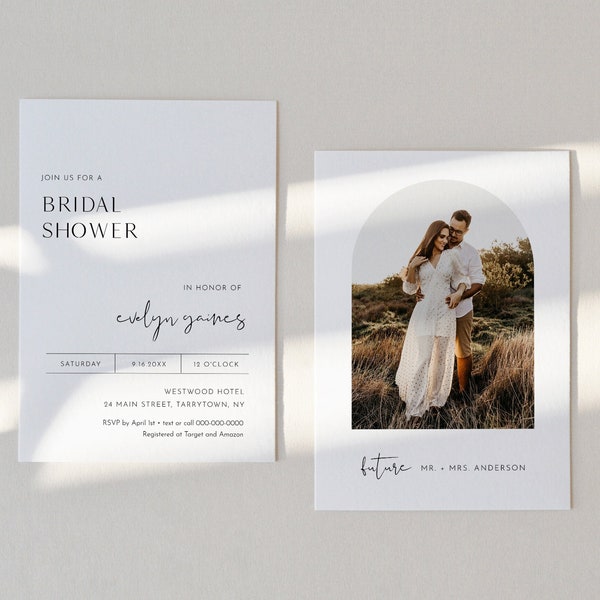 Minimalist Bridal Shower Invitation Template, Photo Card, Printable Simple Wedding Couples Shower Invite, Editable, Templett #0031-307BS