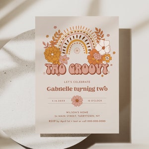 Dos invitaciones de cumpleaños geniales, estilo hippie, retro, de los 70, para segundo cumpleaños, plantilla editable, instantánea, Templett n.° 050-111BD
