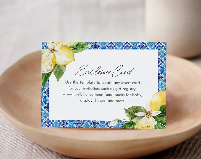 Lemon Enclosure Card, Mediterranean Wedding Invitation Insert, Baby / Bridal Shower Insert, Editable Details & Info, Templett #0027-185EC