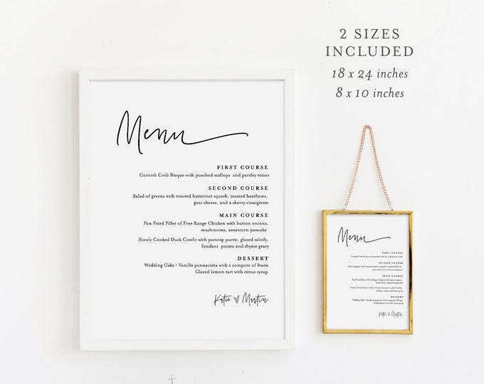 Minimalist Menu Sign, Printable Wedding Dinner Menu Poster, 100% Editable Template, Instant Download, Templett, 8x10, 18x24 #0009-202WM