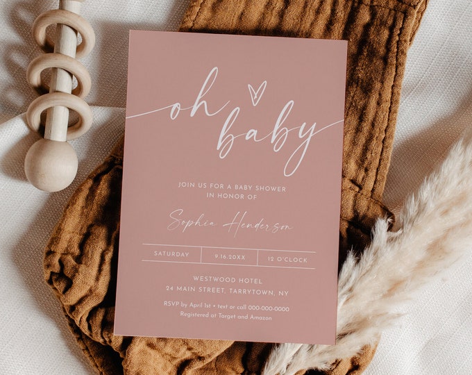 Dusty Pink Baby Shower Invitation, Minimalist Girl Baby Shower Invite, Oh Baby, Editable Template, Instant, Templett, 5x7 #0034PB-234BA