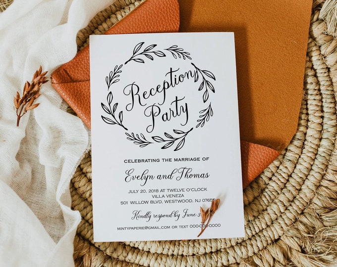 Reception Party Invitation Template, Wedding Reception Printable, 100% Editable, Rustic Wreath, Kraft Invite, Instant Download #027-102WR