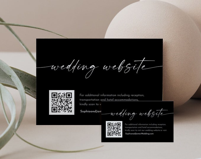 Wedding Website Card, Classic Black, QR Code Wedding Details Insert, Online RSVP, Editable Template, Digital Download, Templett #0034B-199EC