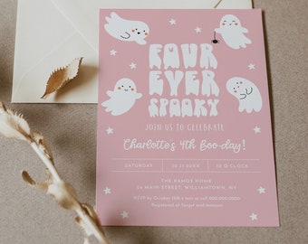 Halloween 4th Birthday Party, Four Ever Spooky Birthday Invitation, Girl Birthday, Cute Ghosts, Editable Template, Templett #0001-137BD