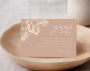 Bohemian Books for Baby Card, Boho Pampas Book Request, Neutral Baby Shower Invitation Book Insert, 100% Editable Text, Templett #028-137BFB