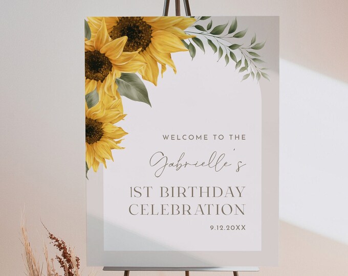 Sunflower Welcome Sign Template, Printable Summer Birthday Sign, 1st Birthday, Instant, Editable Template, Templett, 18x24, 24x36 #047-331LS