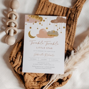 Twinkle Little Star Babypartyeinladung, Mädchen Babyparty, Sterne, Mond, bearbeitbare Vorlage, Instant Download, Templett #0036-235BA