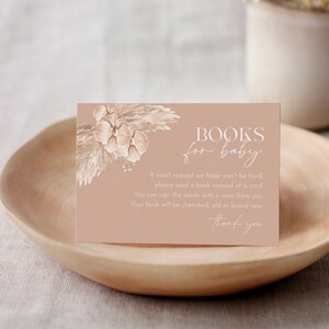 Boho Books for Baby Card, Boho Pampas Book Request, Neutral Baby Shower Invitation Book Insert, 100% Editable Text, Templett #028-137BFB