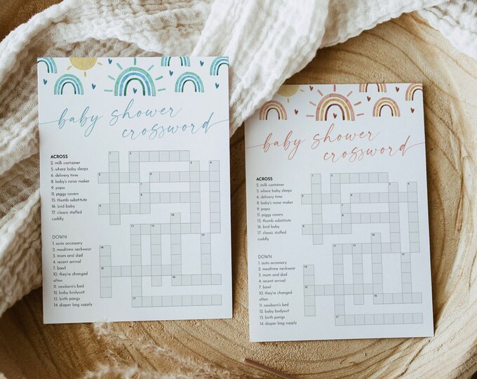 Baby Crossword Puzzle, Boho Rainbow Baby Shower Game, Printable Crossword Game with Answer Key, Instant Download, Templett, 5x7 #0055-33BAG