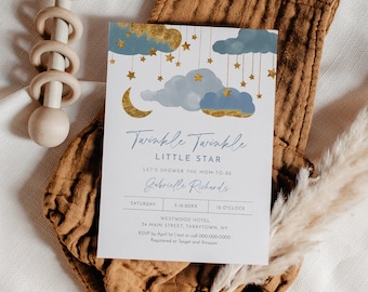 Twinkle Little Star Baby Shower Invitation, Baby Boy, Stars, Moon, Clouds, Editable Template, Instant Download, Templett, 5x7 #0036-235BA