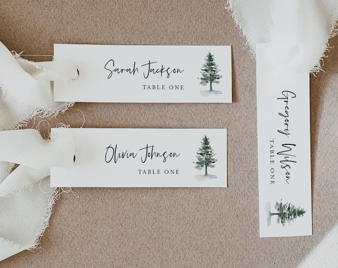 Winter Pine Place Card Template, 100% Editable, Printable Skinny Escort Card, Narrow Name Card, Favor Tag, Slim, Templett #073-194PC