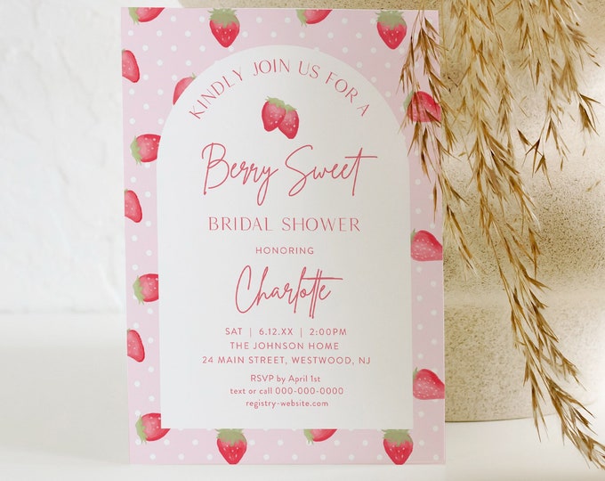 Strawberry Bridal Shower Invitation, Berry Sweet, Summer Bridal Shower Invite, Editable Template, Instant Download, Templett #0041-343BS