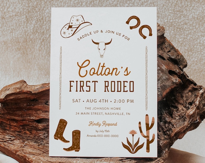 Western Birthday Invitation, Ranch 1st Birthday Invite, First Rodeo, Southwest, Cowboy, Editable Template, Instant, Templett #0040-129BD