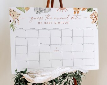 Baby Arrival Date Calendar Sign, Guess the Birthday, Safari Jungle Baby Shower Game, Editable Template, Instant, Templett #0054-119GDD