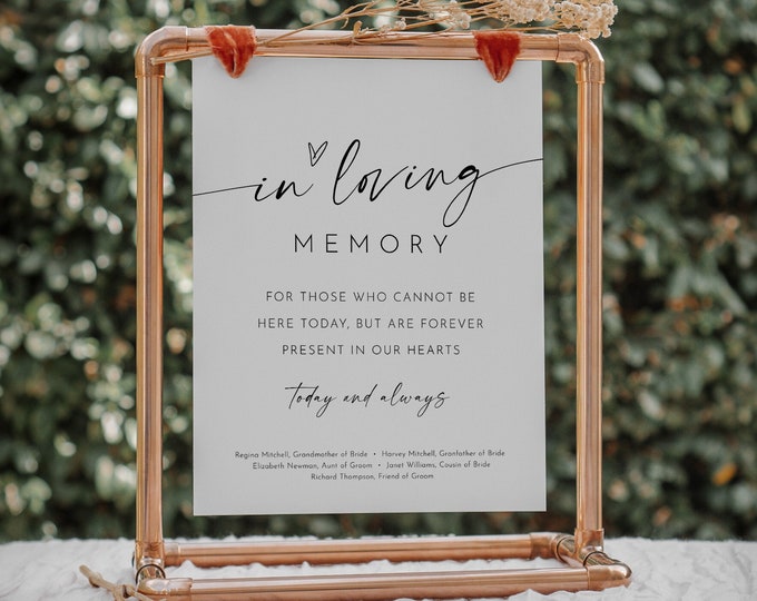 In Loving Memory Sign, Minimalist Wedding Memorial Table, Modern Script, Editable Template, Instant Download, Templett, 8x10 #0034W-87S