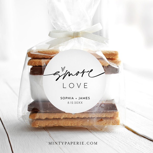 S'mores Label Template, Minimalist Wedding / Bridal Shower S'more Love Favor Sticker, Instant Download, Printable, Templett #0032-153SF