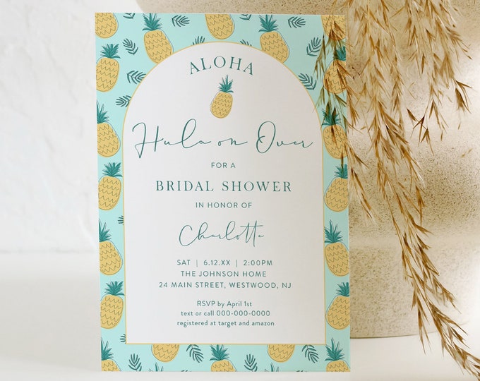 Pineapple Bridal Shower Invitation Template, Aloha Hawaiian Luau Bridal Theme Invite, Hula on Over, Editable, Templett #0044-346BS