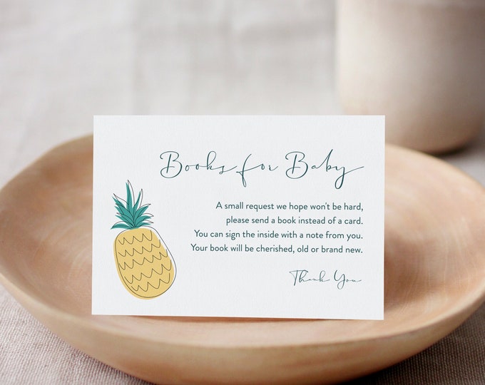 Pineapple Books for Baby Card, Aloha Book Request, Luau Baby Shower Invitation Book Insert, Editable Text, Instant, Templett #0044-161BFB