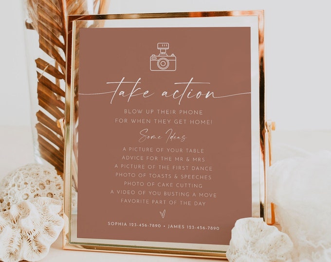 Take Action Sign, Blow Up Their Phones, I Spy Wedding Game, Bohemian, Terracotta, Editable Template, Instant, Templett, 8x10 #0034T-38S