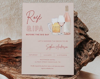 Rosé and IPA Couples Shower Invitation, Brews and Bubbly Bridal Shower Invite, Rose Wine Beer, Printable, Editable Template #055-335BS