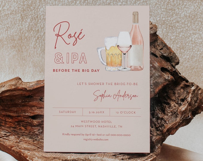 Rosé and IPA Couples Shower Invitation, Brews and Bubbly Bridal Shower Invite, Rose Wine Beer, Printable, Editable Template #055-335BS