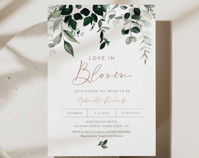 Greenery Bridal Shower Invitation Template, Love In Bloom, Lush Garden Wedding Shower, 100% Editable Text, Instant Download #033-323BS