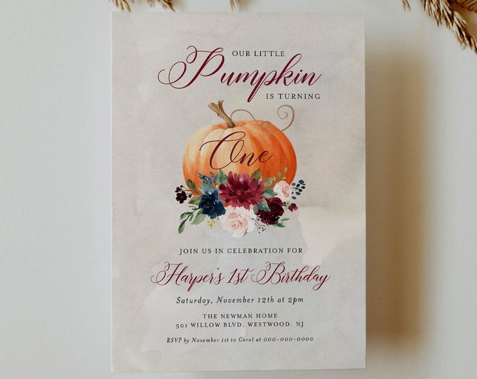 Pumpkin 1st Birthday Party Invitation, A Little Pumpkin Is Turning One, Fall First Birthday Invite, Editable, Instant Download #072A-105BD
