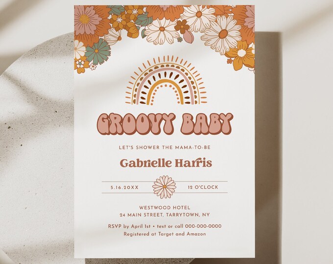 Retro Baby Shower Invitation, Hippie, Groovy, Bohemian 70's Vibe Baby Shower Invite, Editable Template, Instant, Templett #050-215BA