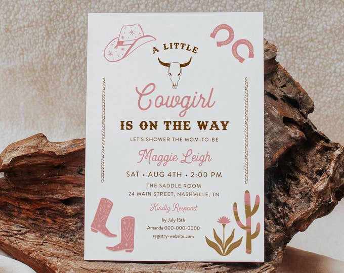 Western Baby Shower Invitation, Rodeo Girl Baby Shower, Southwest Ranch, Cowgirl, Editable Template, Instant Download, Templett #0040-244BA