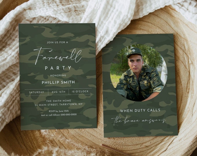 Military Farewell Party Invitation, Printable Army Goodbye Invite, Deployment, Camouflage, Evite, Editable Template, Templett #0037-104RT