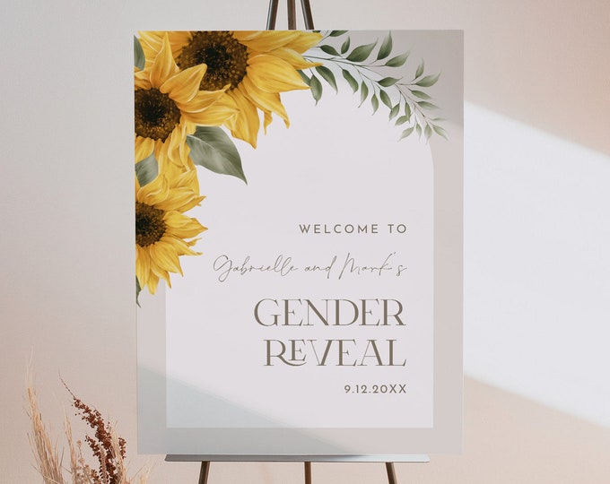 Sunflower Gender Reveal Welcome Sign, Summer Gender Reveal Party Poster, Rustic, Editable Template, Instant Download, Templett #047-333LS