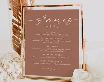 S'mores Menu, Printable Smores Bar Sign, Bohemian Terracotta Wedding S'mores Station, Editable Template, Instant, Templett #0034T-70S