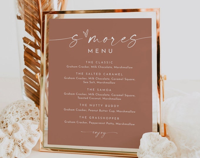 S'mores Menu, Printable Smores Bar Sign, Bohemian Terracotta Wedding S'mores Station, Editable Template, Instant, Templett #0034T-70S