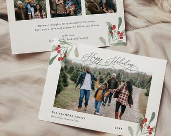 Holiday Photo Holiday Card Template, Holly Christmas Card, 100% Editable, Add Your Own Photo, Instant Download, Templett 5x7 #071-118HP