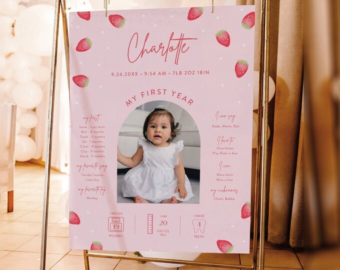 First Year Baby Sign, Strawberry Infographic, Baby Stats, Milestones, 1st Birthday, Editable Template, Templett, 8x10, 18x24 #0041-109FYS