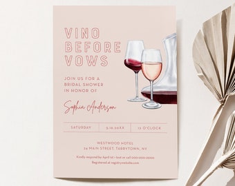 Vino Before Vows Bridal Shower Invitation Template, Wine Tasting, Vineyard Wedding Shower Invite, 100% Editable Text, Instant #055-330BS