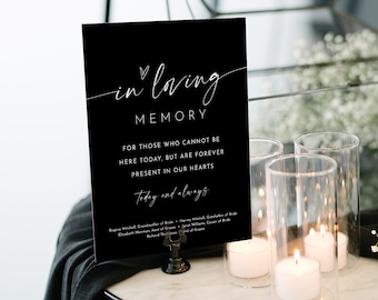 In Loving Memory Sign, Minimalist Wedding Memorial Table, Modern Script, Classic Black, Editable Template, Instant, Templett #0034B-87S