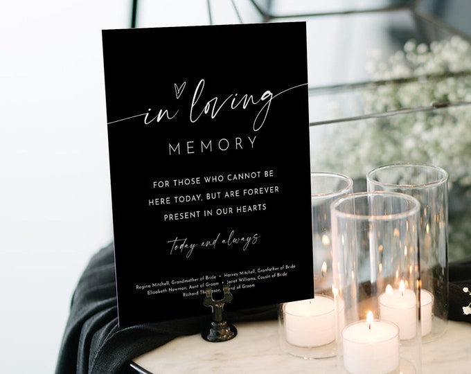 In Loving Memory Sign, Minimalist Wedding Memorial Table, Modern Script, Classic Black, Editable Template, Instant, Templett #0034B-87S